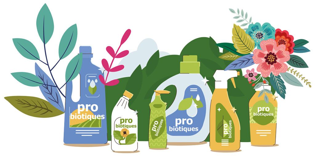 illustration de plusieurs produits d'entretiens, pro biotiques